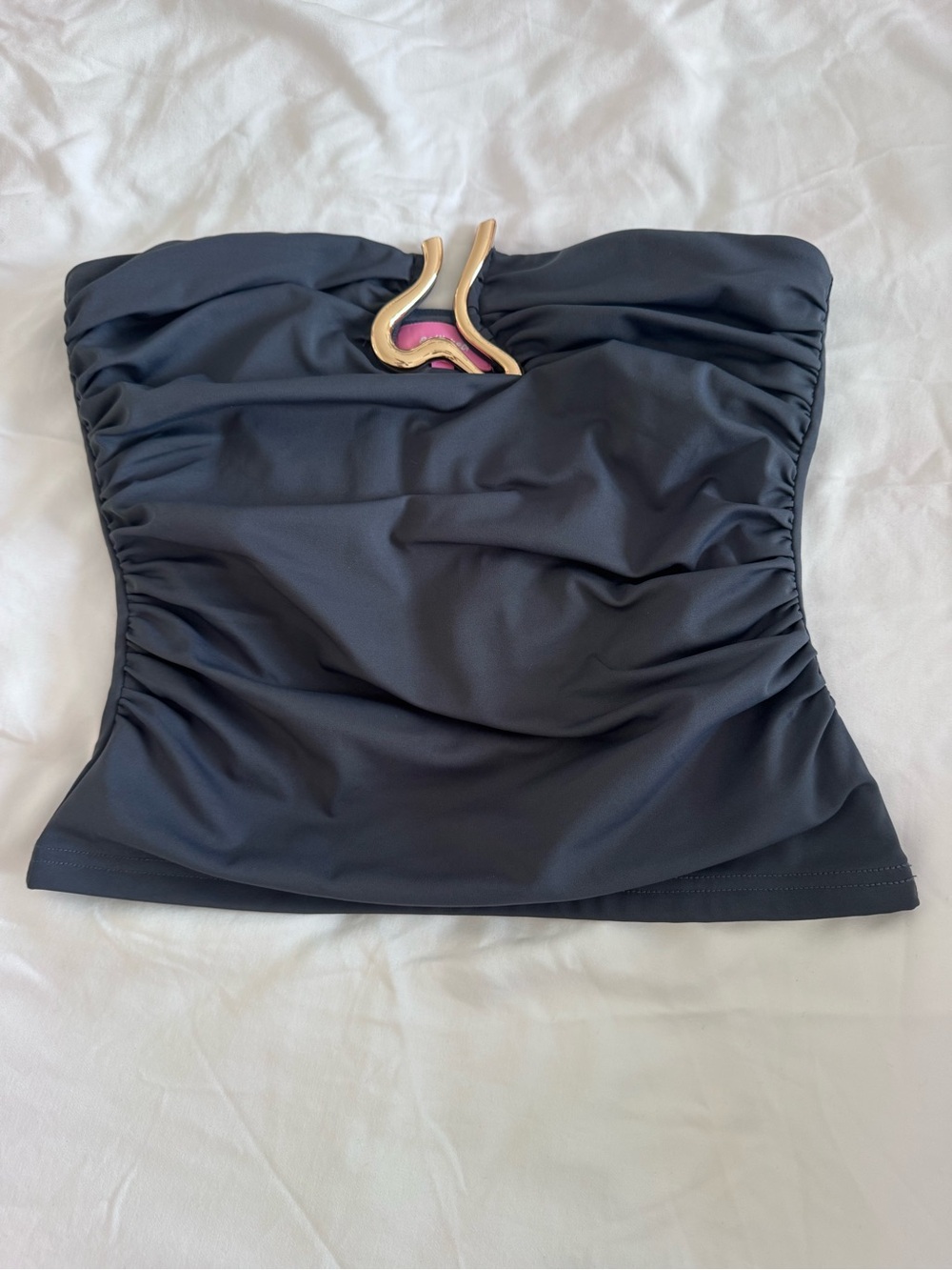 Edikted Charcoal Strapless Ruched Top with Gold Accent